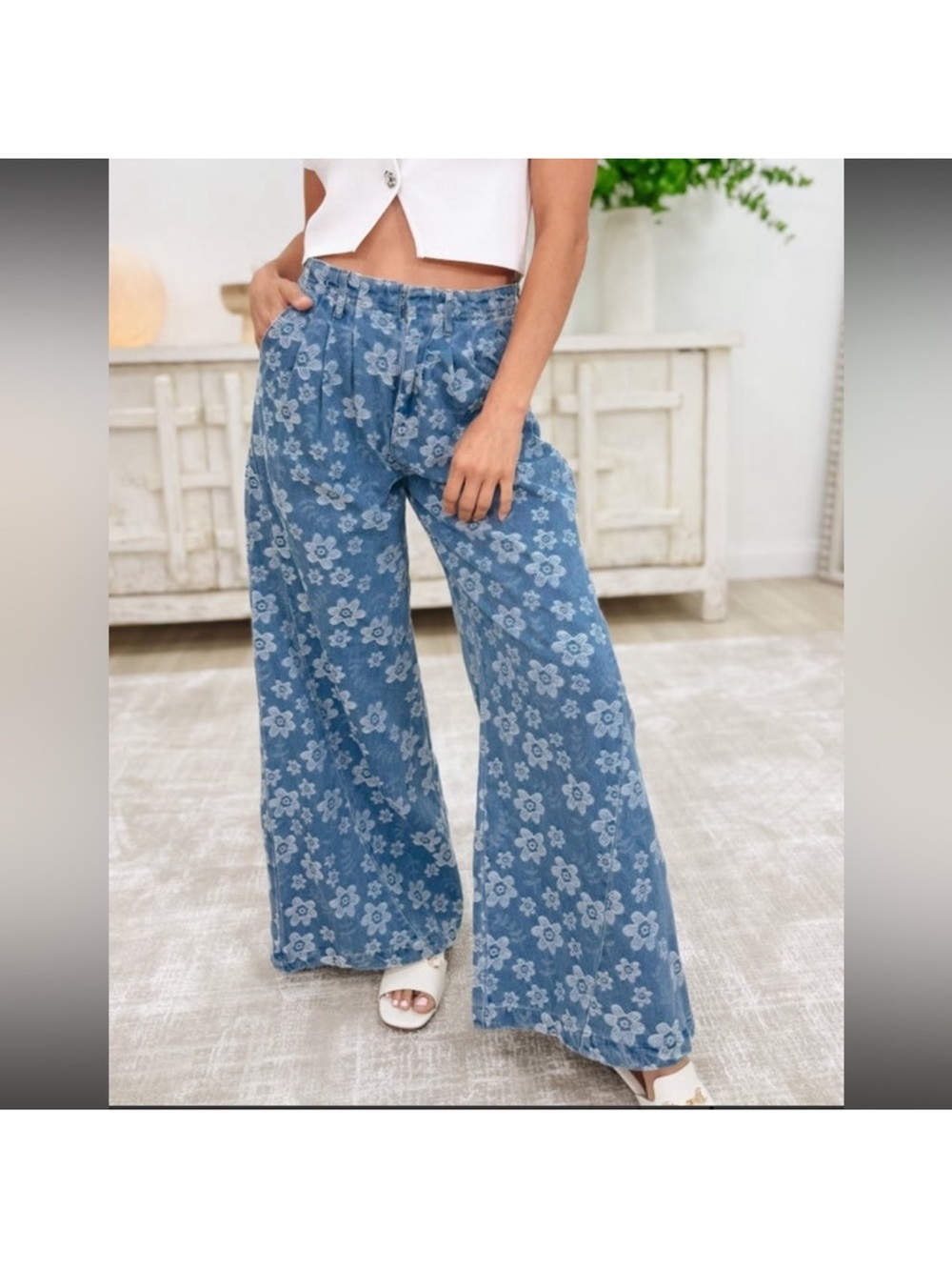 BiBi Light Blue Floral Wide-Leg Denim Jeans